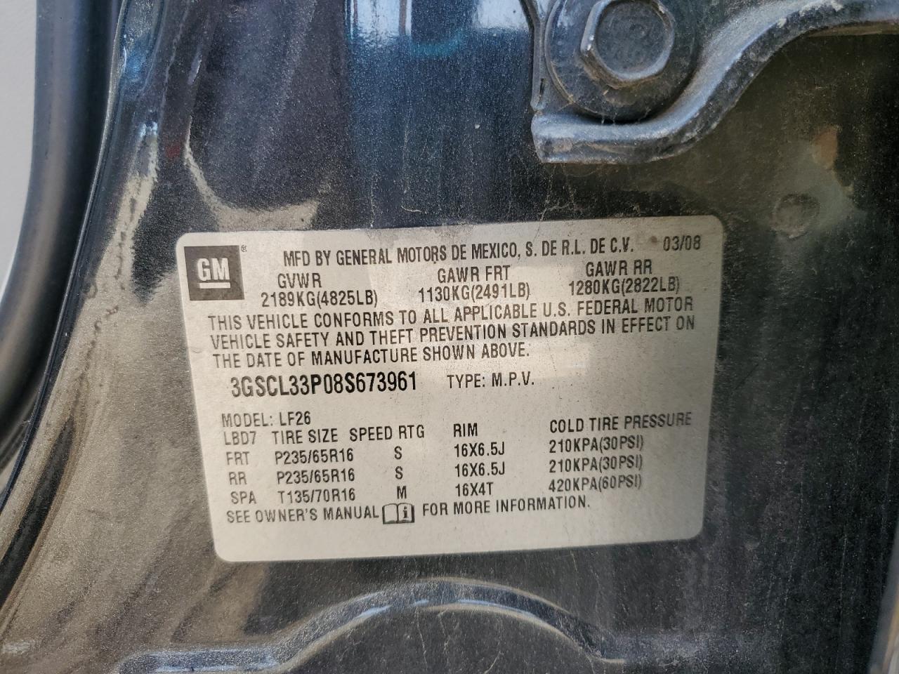 2008 Saturn Vue Xe VIN: 3GSCL33P08S673961 Lot: 64647055