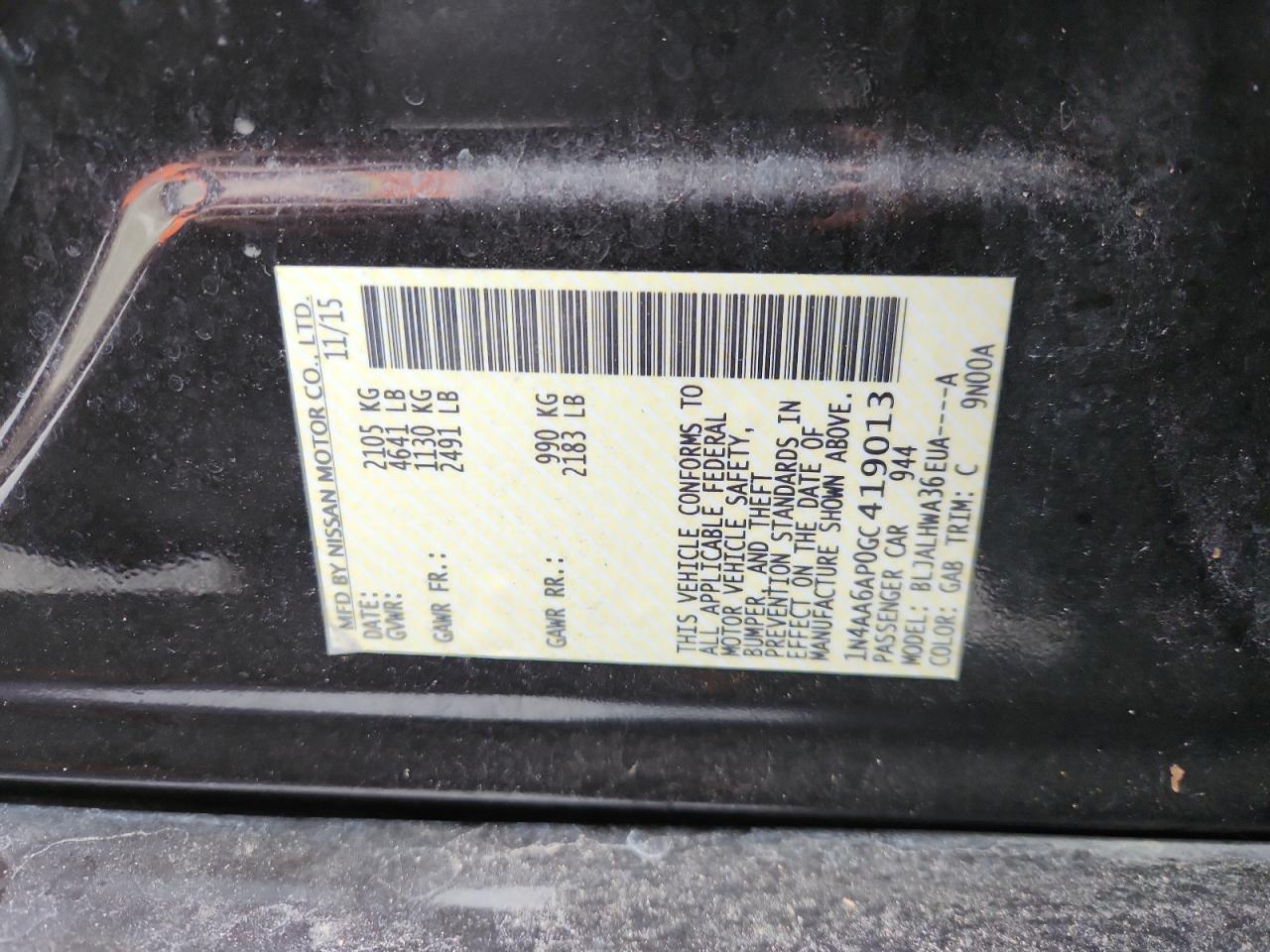 2016 Nissan Maxima 3.5S VIN: 1N4AA6AP0GC419013 Lot: 90422635