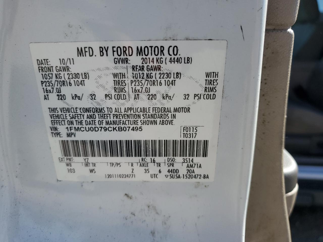 2012 Ford Escape Xlt VIN: 1FMCU0D79CKB07495 Lot: 82259515