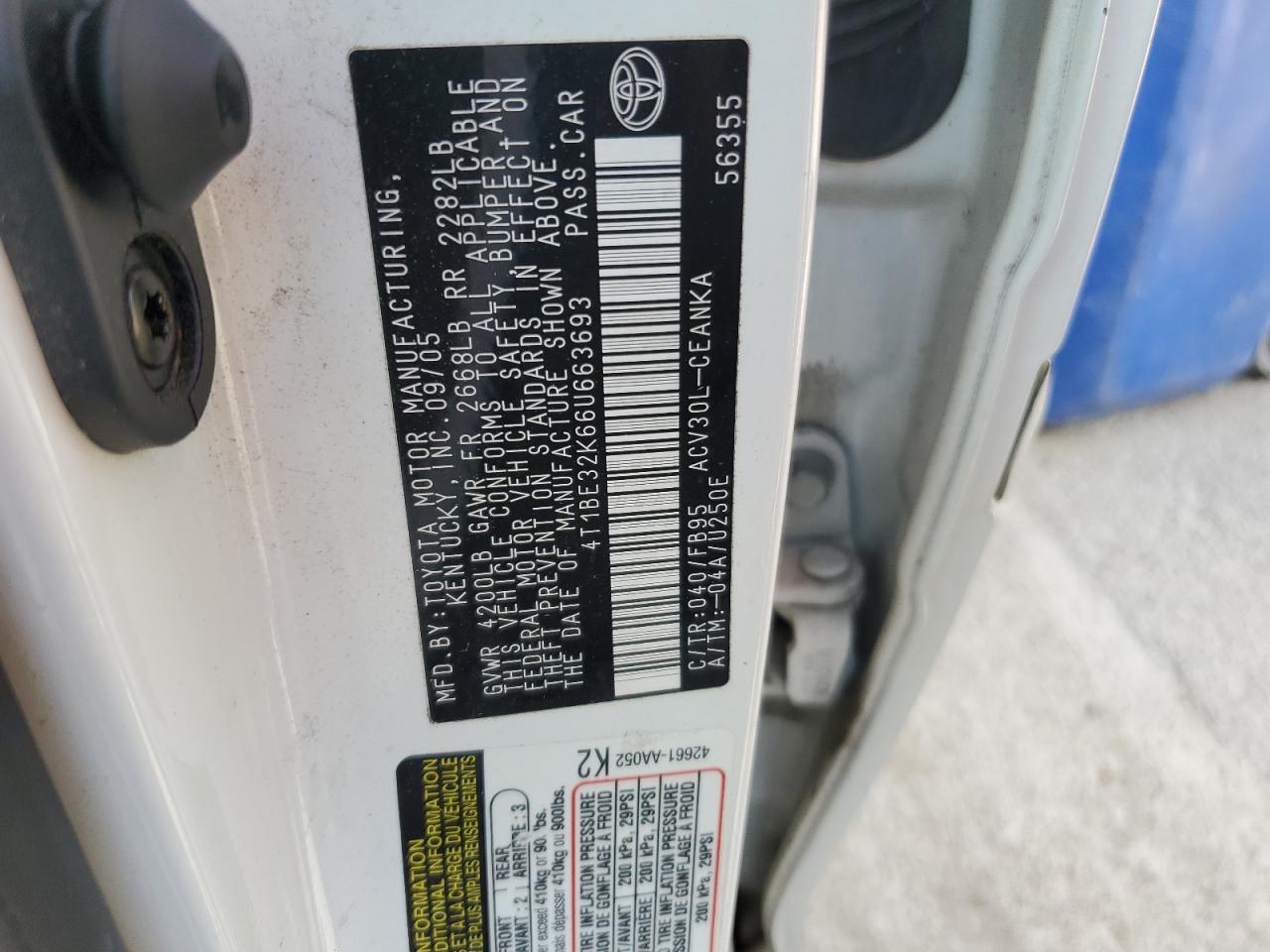 2006 Toyota Camry Le VIN: 4T1BE32K66U663693 Lot: 82224955