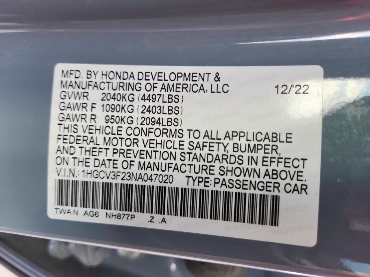 2022 Honda Accord Hybrid Sport VIN: 1HGCV3F23NA047020 Lot: 85573145