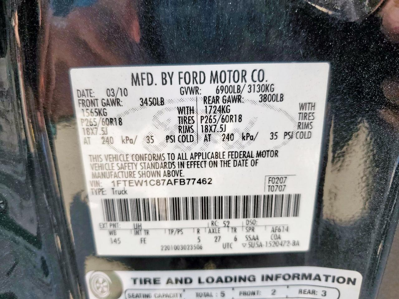 2010 Ford F150 Supercrew VIN: 1FTEW1C87AFB77462 Lot: 86590335