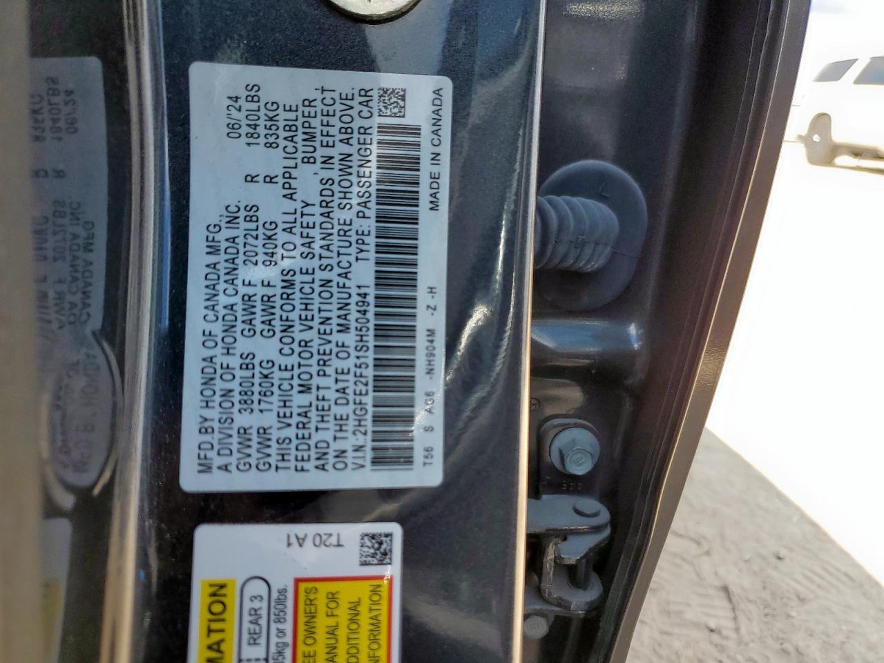 2025 Honda Civic Sport VIN: 2HGFE2F51SH504941 Lot: 86103985