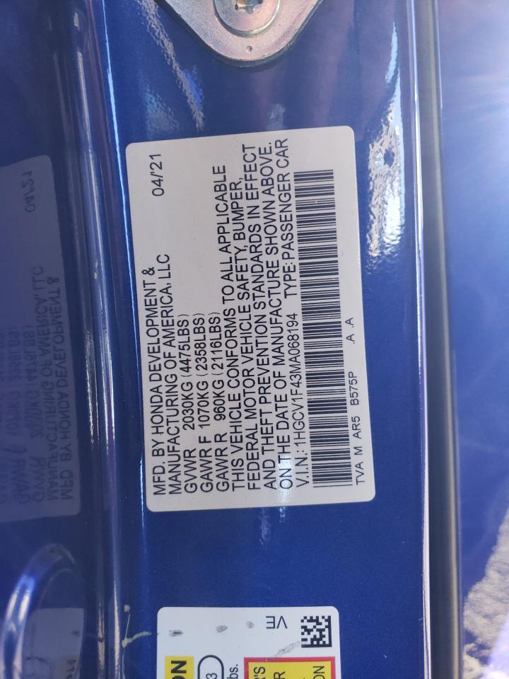 2021 Honda Accord Sport Se VIN: 1HGCV1F43MA068194 Lot: 85494525
