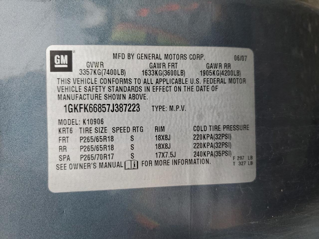 2007 GMC Yukon Xl Denali VIN: 1GKFK66857J387223 Lot: 89518535