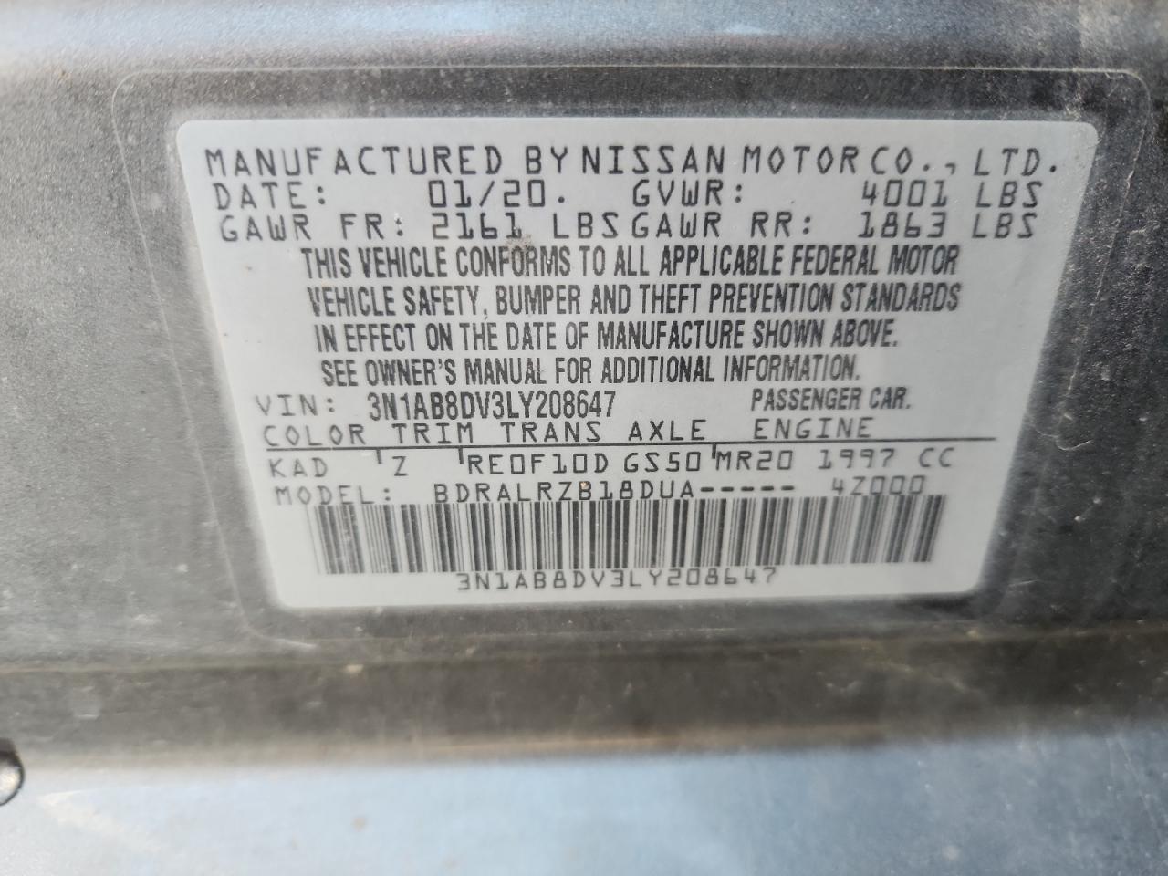 2020 Nissan Sentra Sr VIN: 3N1AB8DV3LY208647 Lot: 85930025