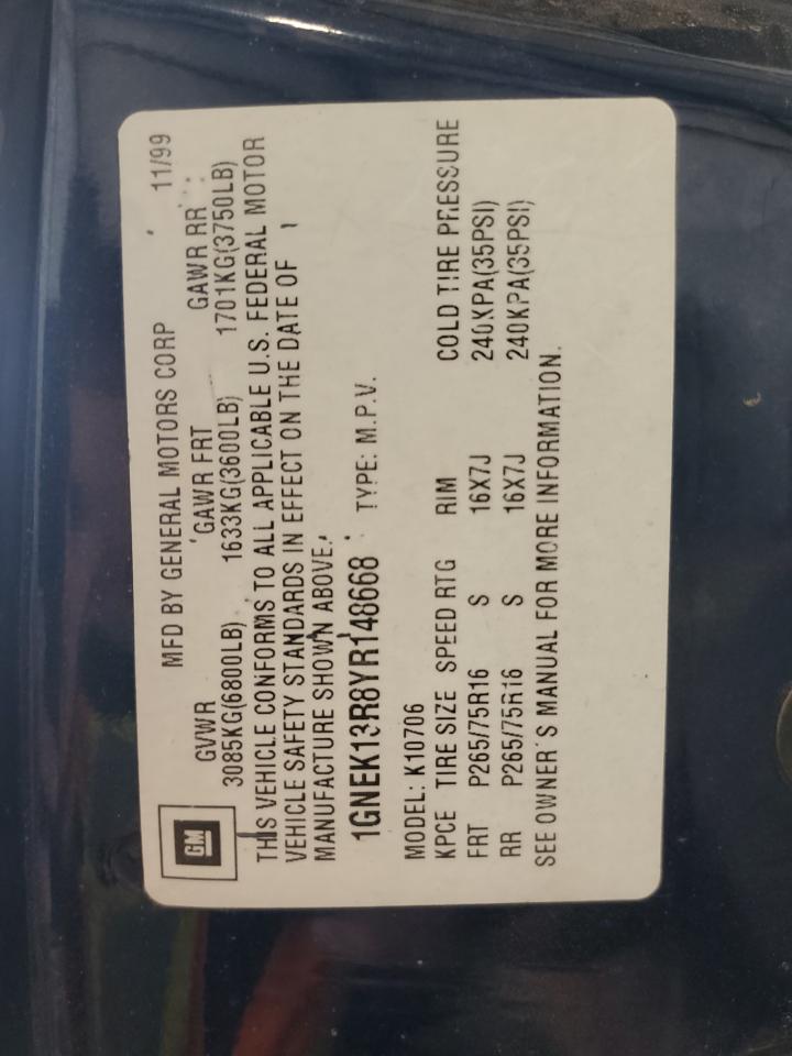 2000 Chevrolet Tahoe K1500 VIN: 1GNEK13R8YR148668 Lot: 86434365