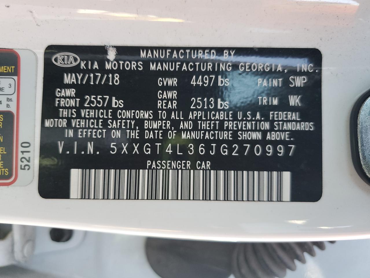 2018 Kia Optima Lx VIN: 5XXGT4L36JG270997 Lot: 84975065