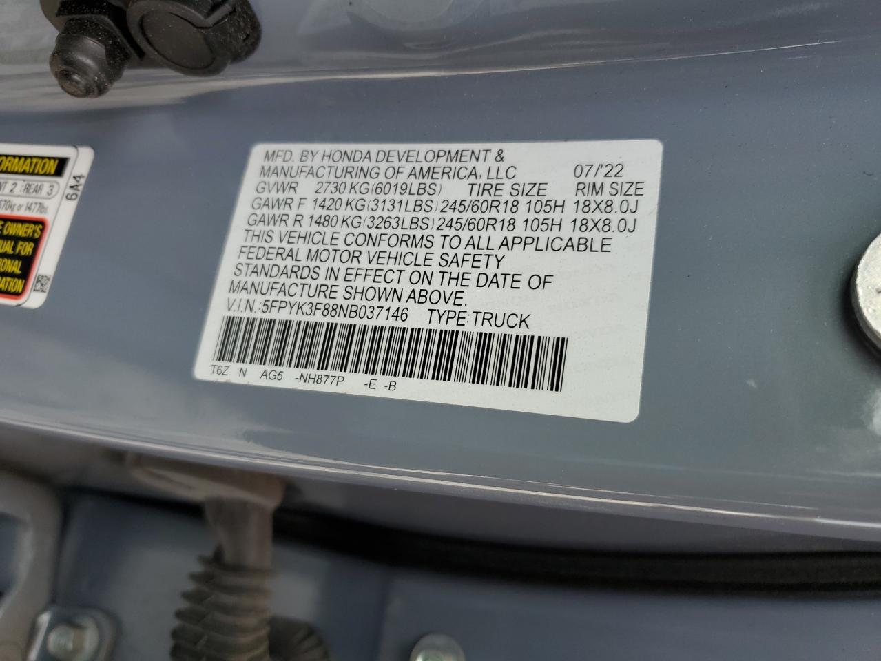 2022 Honda Ridgeline Black Edition VIN: 5FPYK3F88NB037146 Lot: 81945255