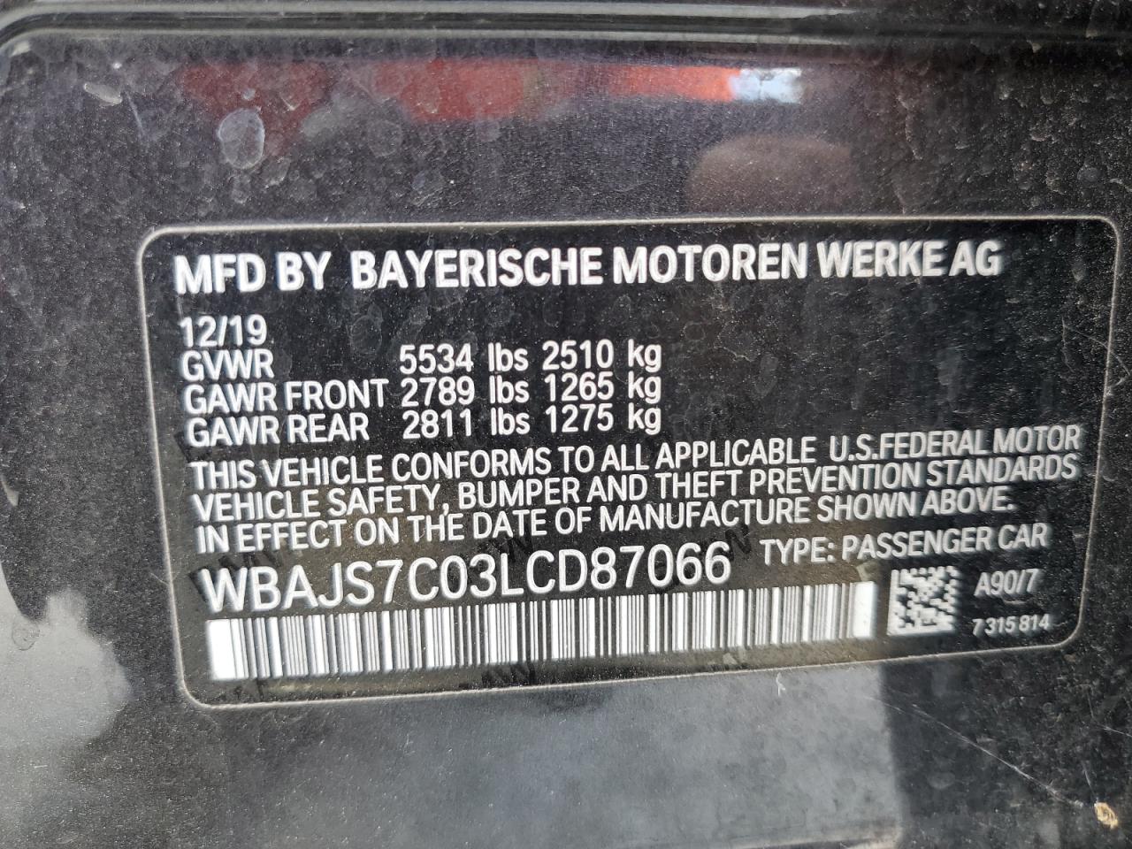 2020 BMW M550Xi VIN: WBAJS7C03LCD87066 Lot: 86991835