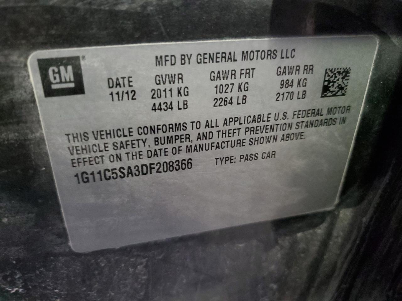 2013 Chevrolet Malibu 1Lt VIN: 1G11C5SA3DF208366 Lot: 84781165