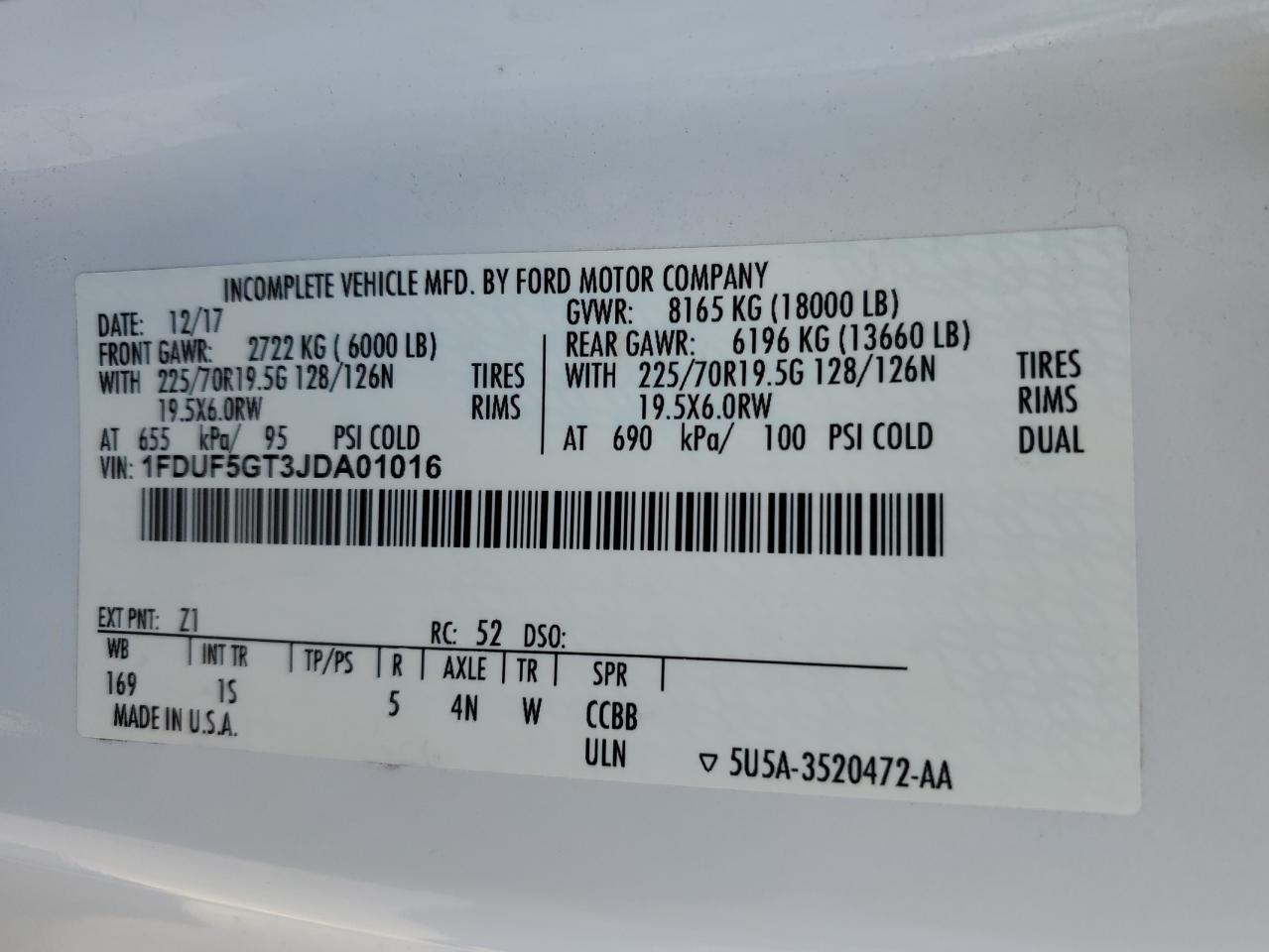 2018 Ford F550 Super Duty VIN: 1FDUF5GT3JDA01016 Lot: 84992935