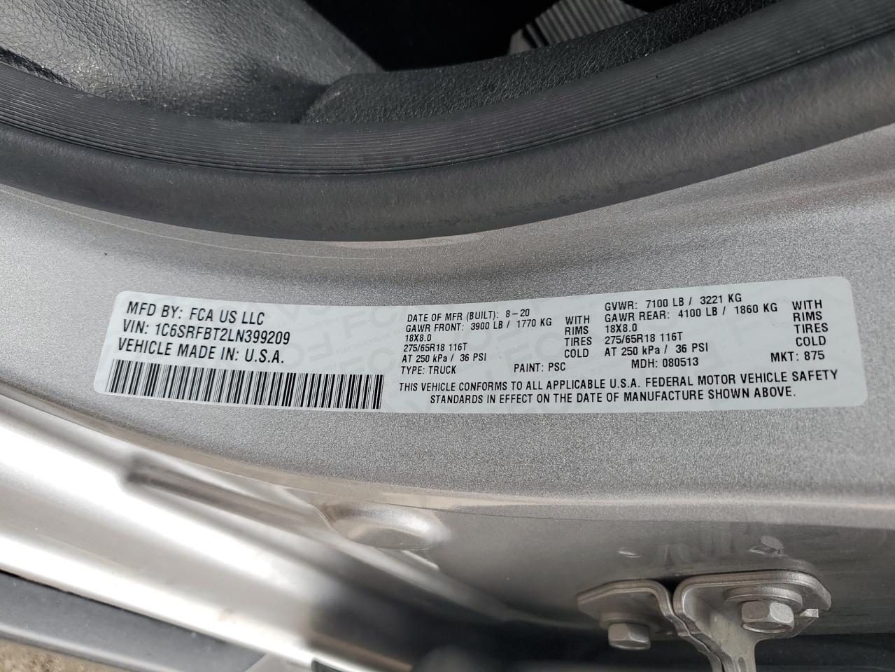 2020 Ram 1500 Big Horn/Lone Star VIN: 1C6SRFBT2LN399209 Lot: 86817815