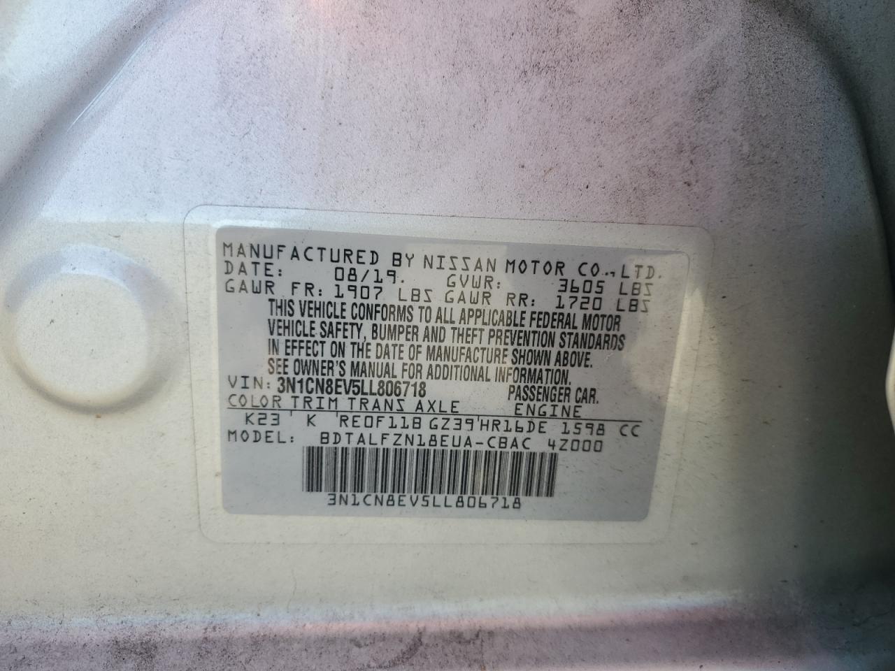 2020 Nissan Versa Sv VIN: 3N1CN8EV5LL806718 Lot: 84707835