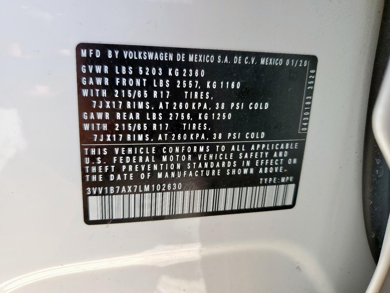 2020 Volkswagen Tiguan S VIN: 3VV1B7AX7LM102630 Lot: 85010965