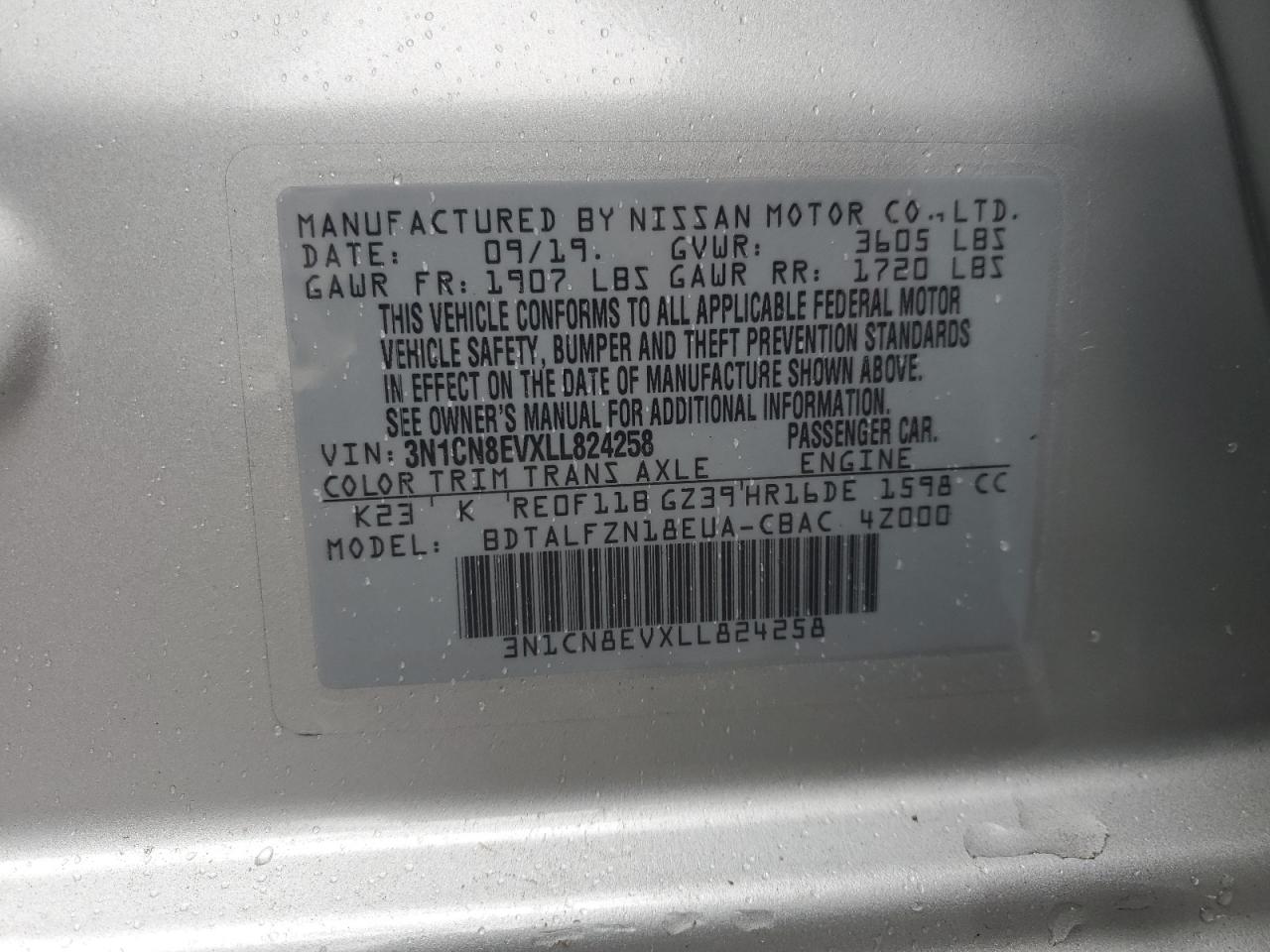 2020 Nissan Versa Sv VIN: 3N1CN8EVXLL824258 Lot: 86331575