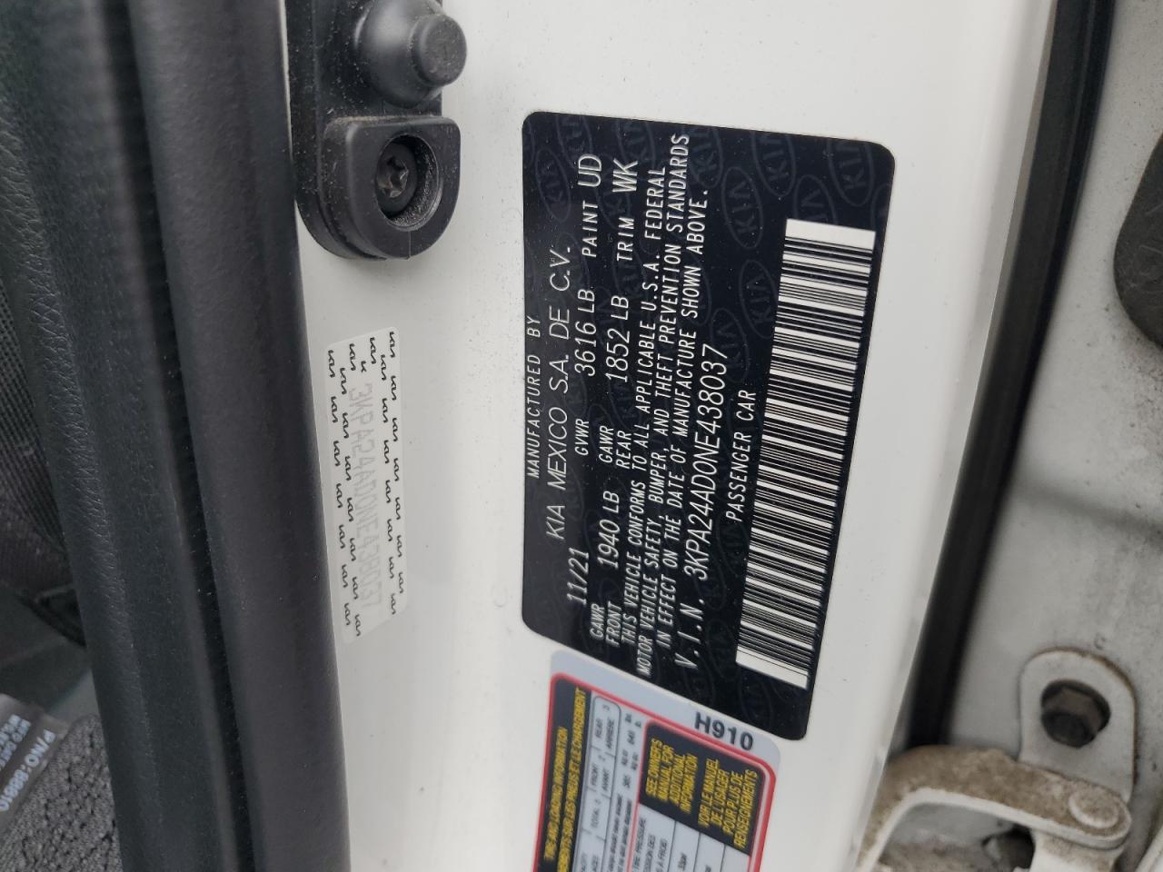 2022 Kia Rio Lx VIN: 3KPA24AD0NE438037 Lot: 81957175