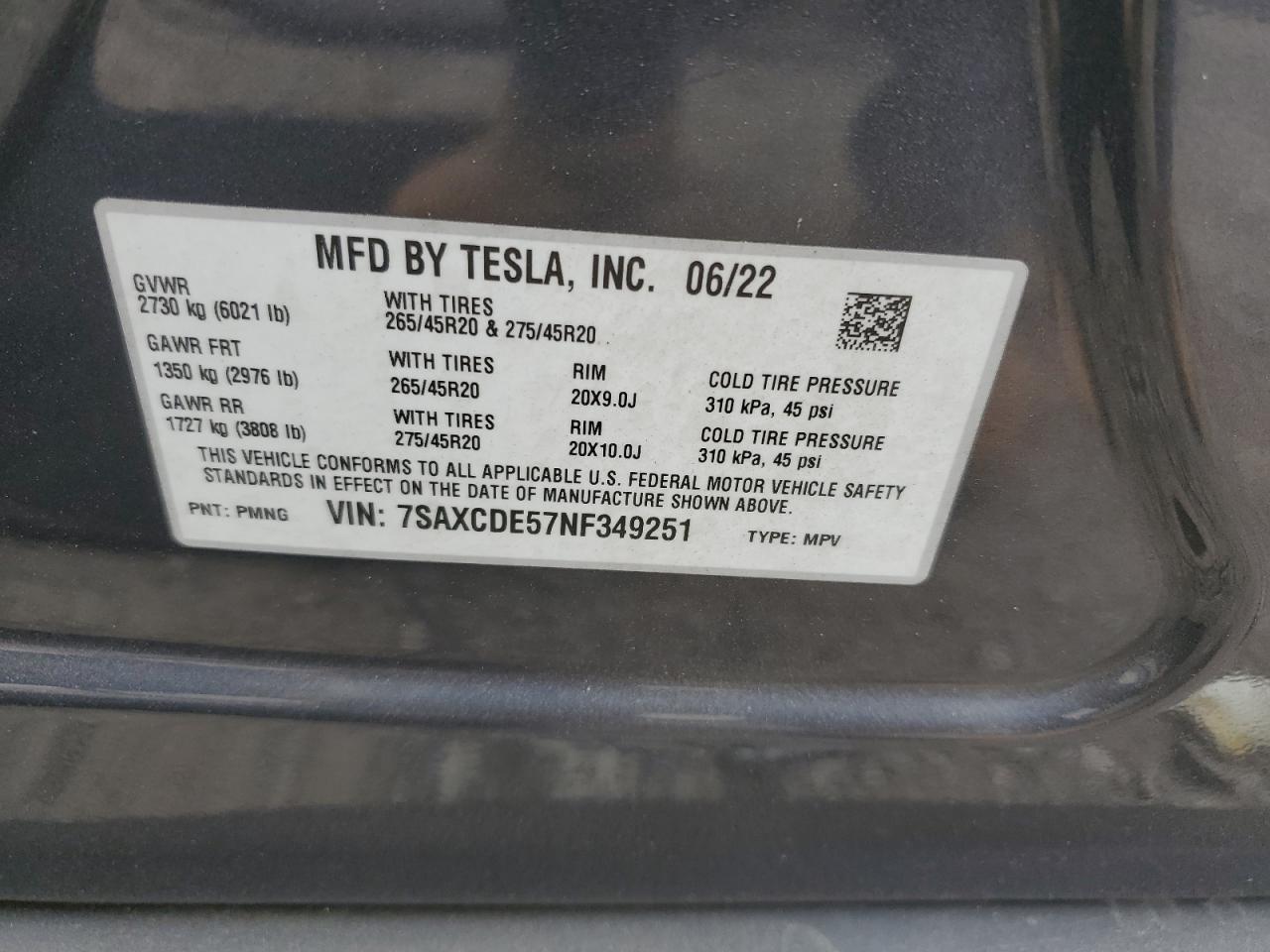 2022 Tesla Model X VIN: 7SAXCDE57NF349251 Lot: 86463865