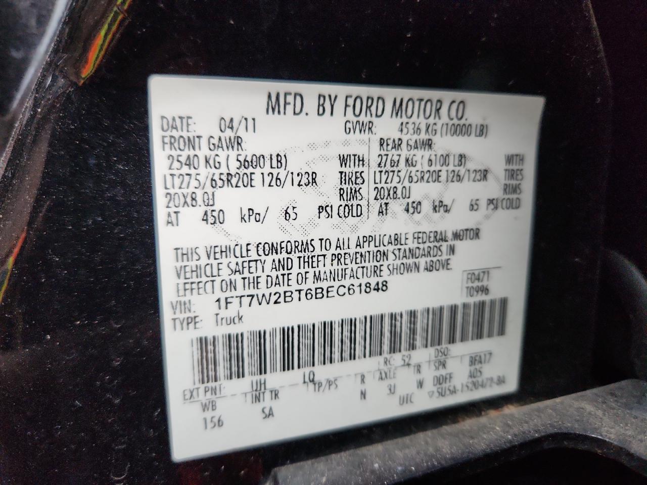 2011 Ford F250 Super Duty VIN: 1FT7W2BT6BEC61848 Lot: 86872195