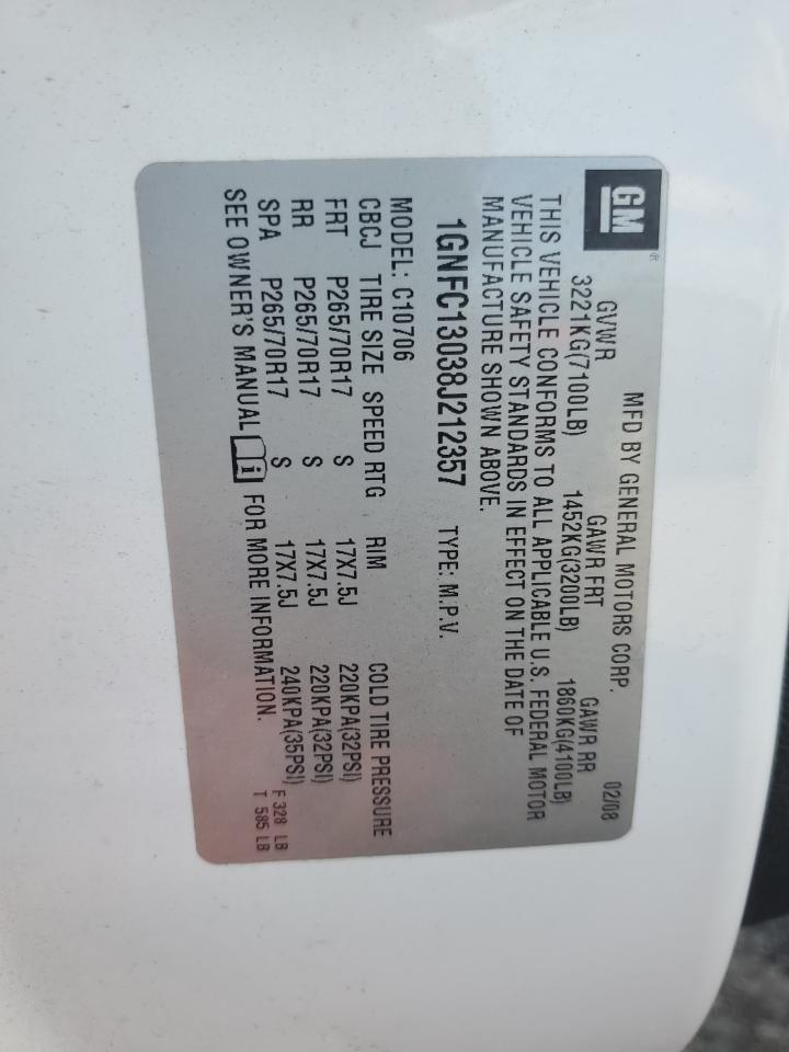 2008 Chevrolet Tahoe C1500 VIN: 1GNFC13038J212357 Lot: 90070385