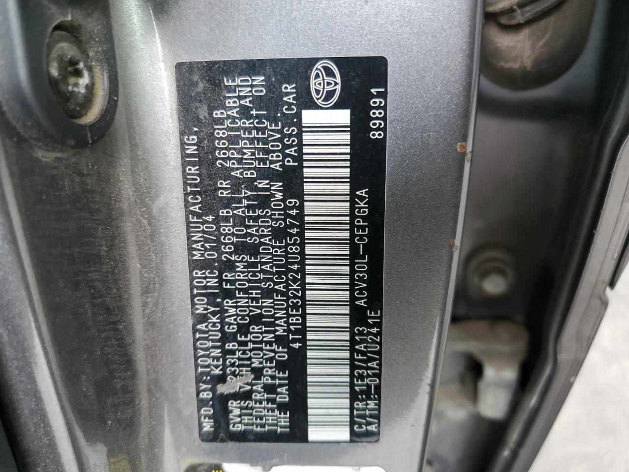 2004 Toyota Camry Le VIN: 4T1BE32K24U854749 Lot: 86070235