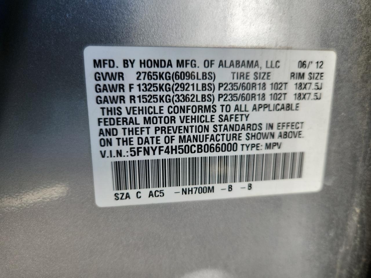 2012 Honda Pilot Exl VIN: 5FNYF4H50CB066000 Lot: 82313825