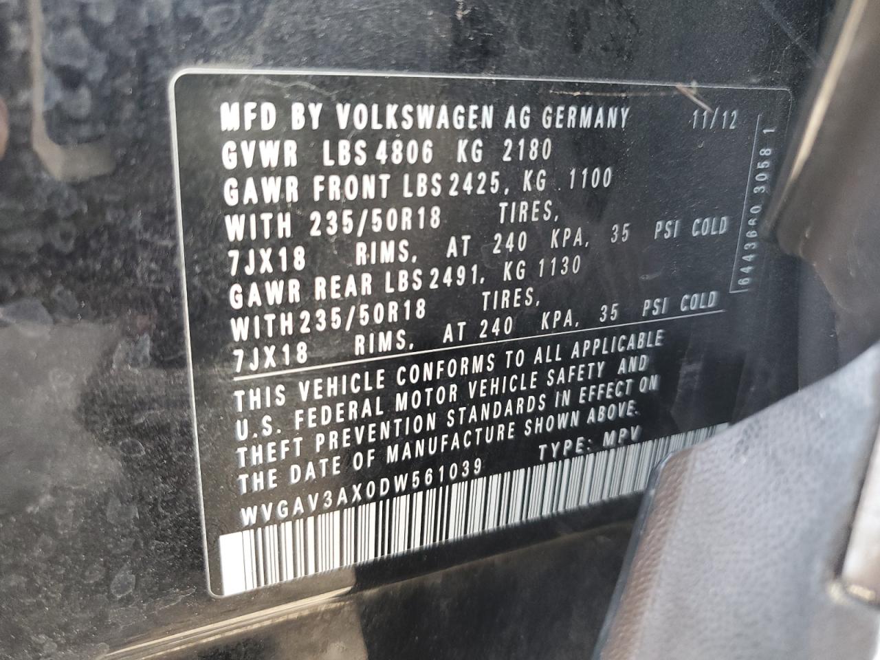 2013 Volkswagen Tiguan S VIN: WVGAV3AX0DW561039 Lot: 84819655