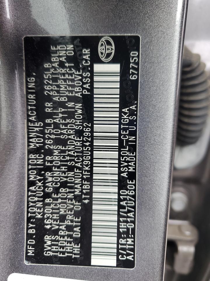 2016 Toyota Camry Le VIN: 4T1BF1FK9GU542962 Lot: 82356025