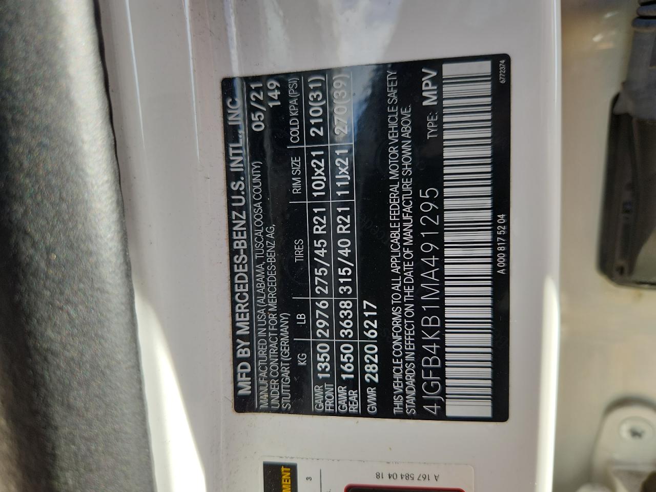 2021 Mercedes-Benz Gle 350 4Matic VIN: 4JGFB4KB1MA491295 Lot: 85296355