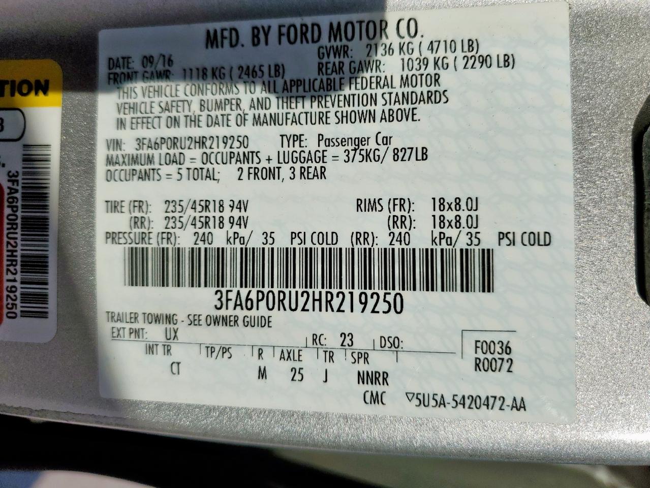 2017 Ford Fusion Titanium Hev VIN: 3FA6P0RU2HR219250 Lot: 85936955