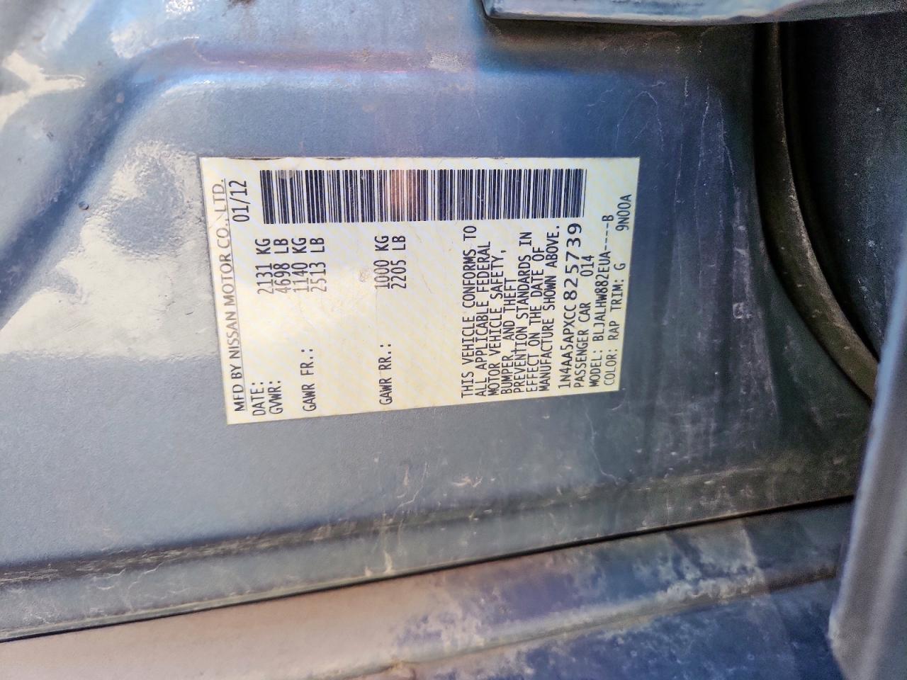 2012 Nissan Maxima S VIN: 1N4AA5APXCC825739 Lot: 90542065