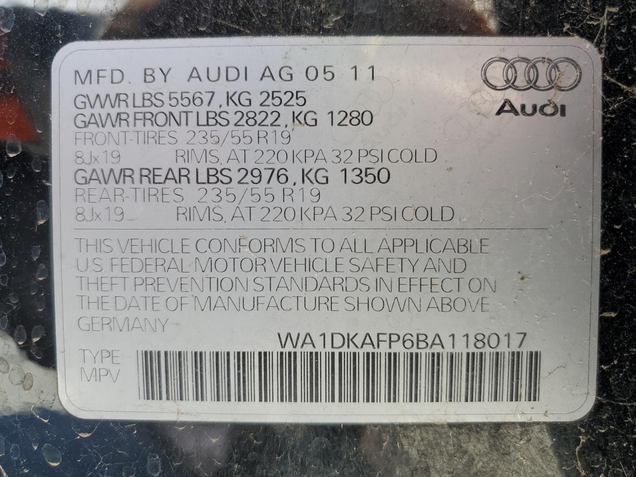 2011 Audi Q5 Premium Plus VIN: WA1DKAFP6BA118017 Lot: 85379125