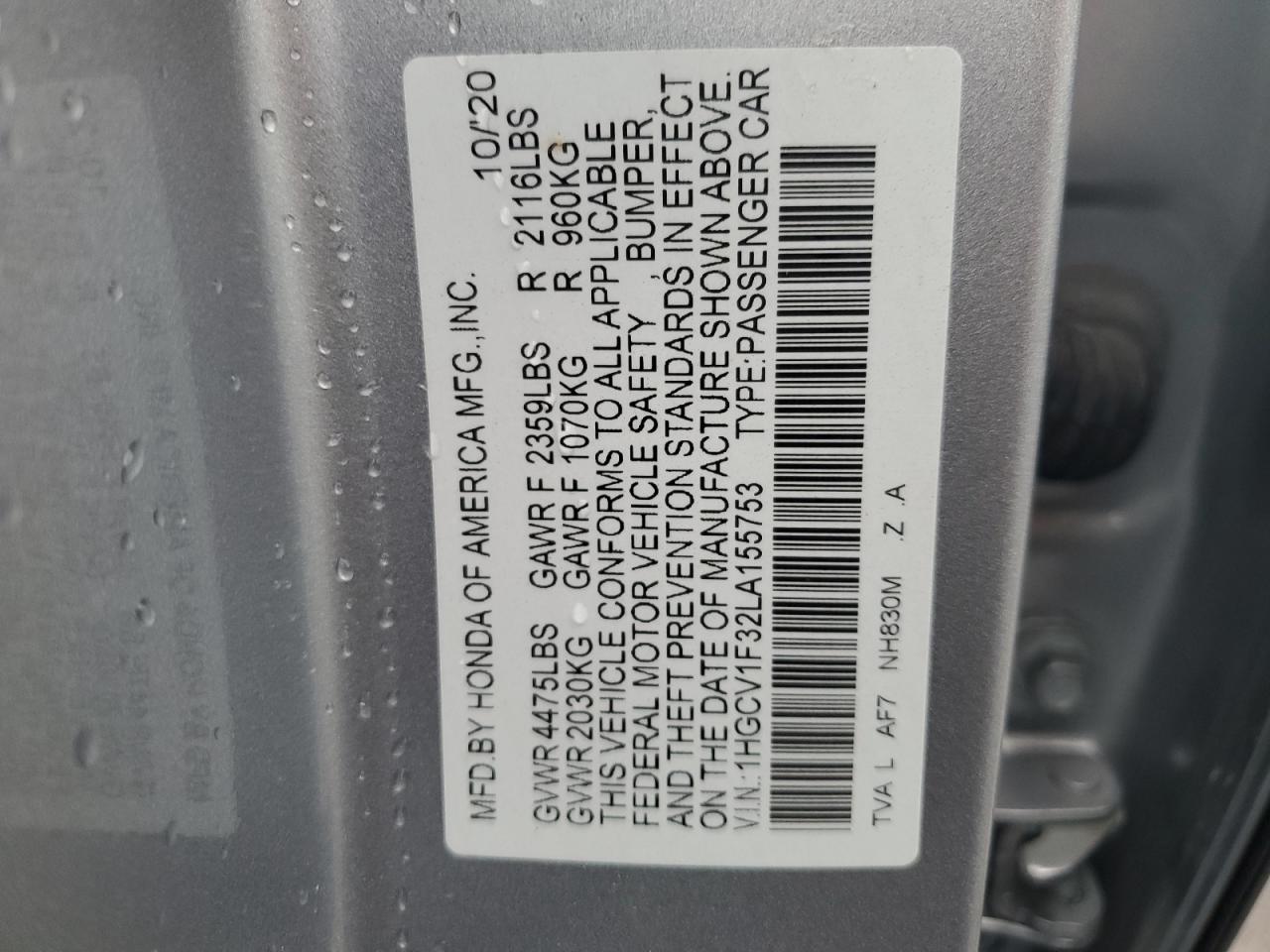 2020 Honda Accord Sport VIN: 1HGCV1F32LA155753 Lot: 82423725