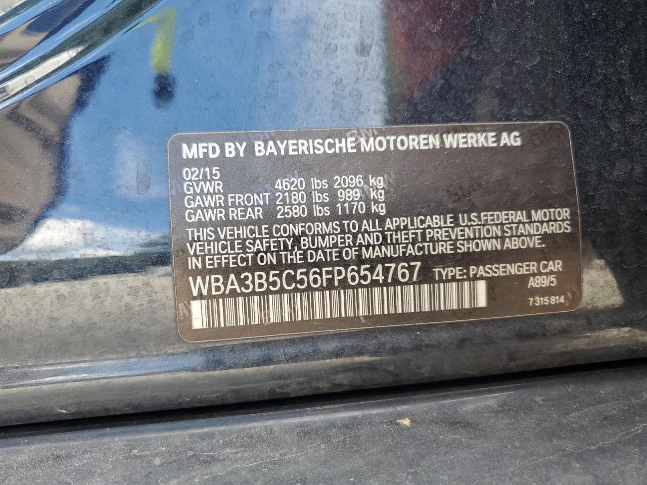 2015 BMW 328 Xi Sulev VIN: WBA3B5C56FP654767 Lot: 82325655