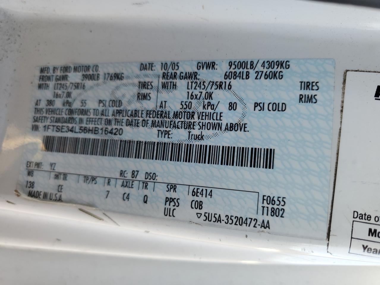 2006 Ford E350 Delivery Truck VIN: 1FTSE34L56HB16420 Lot: 87109195