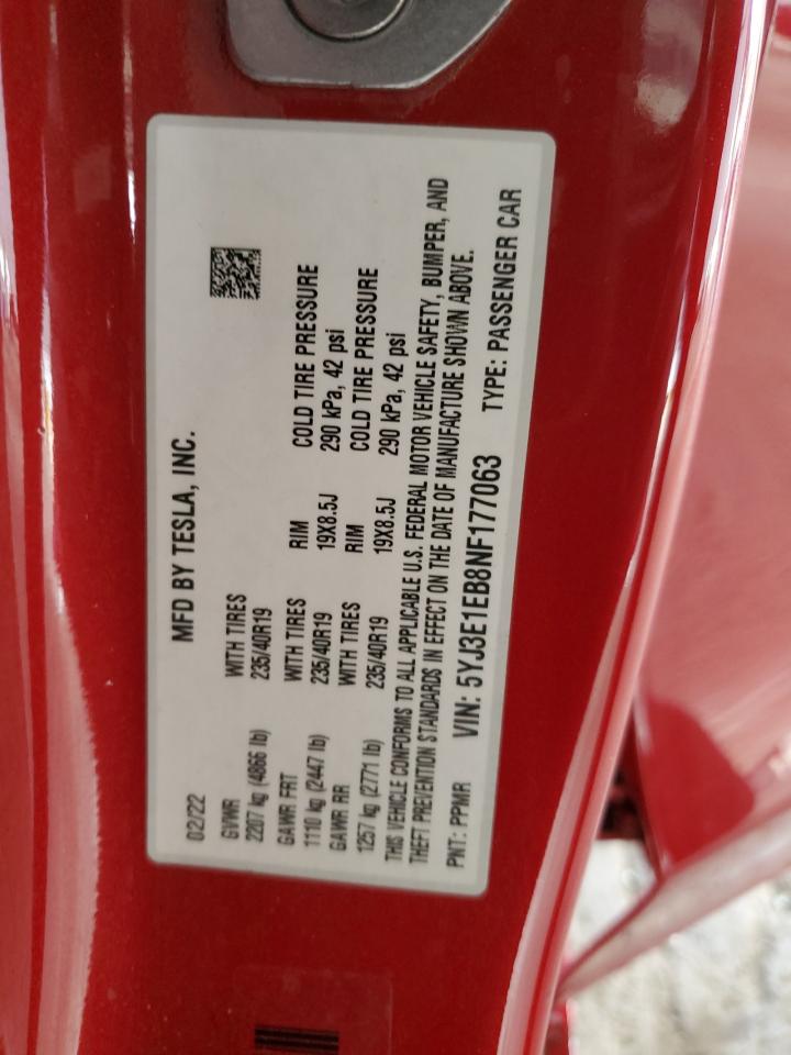 2022 Tesla Model 3 VIN: 5YJ3E1EB8NF177063 Lot: 84972425