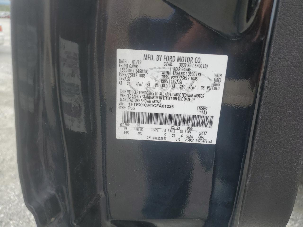 2012 Ford F150 Super Cab VIN: 1FTEX1CM1CFA81226 Lot: 85722545