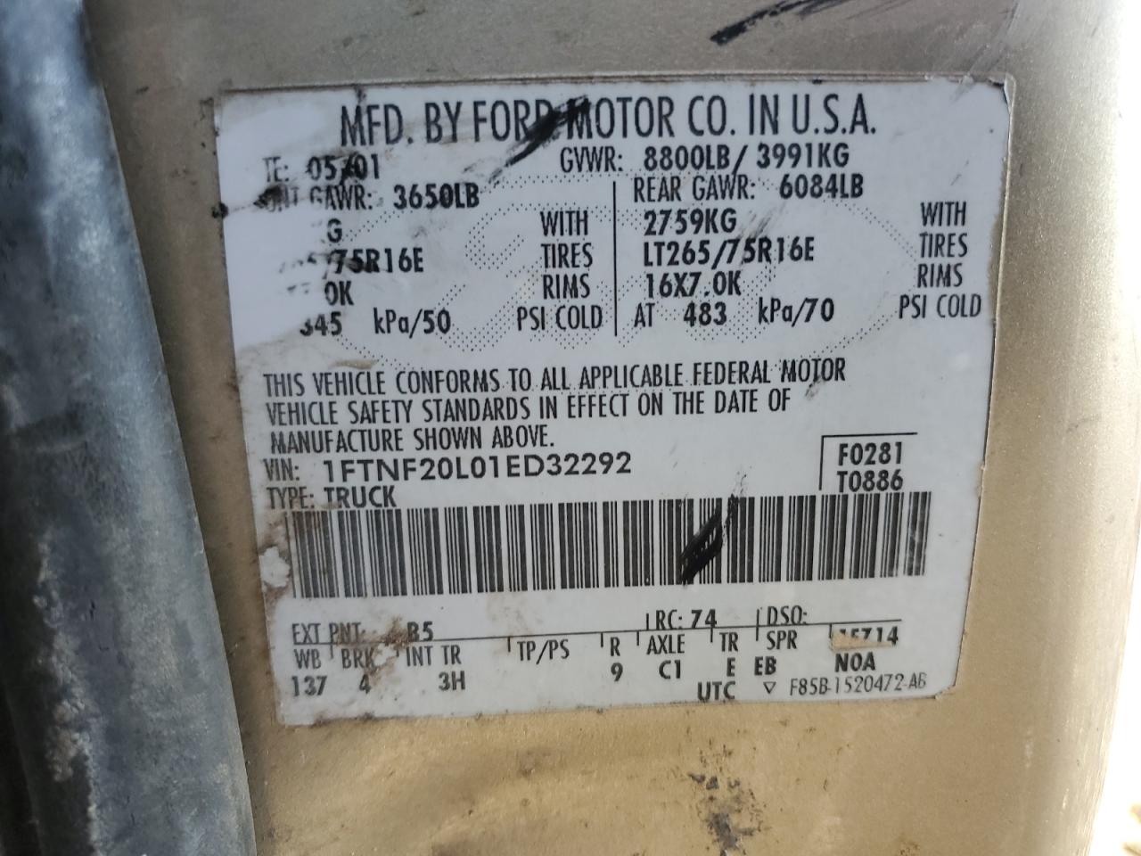 2001 Ford F250 Super Duty VIN: 1FTNF20L01ED32292 Lot: 85543135