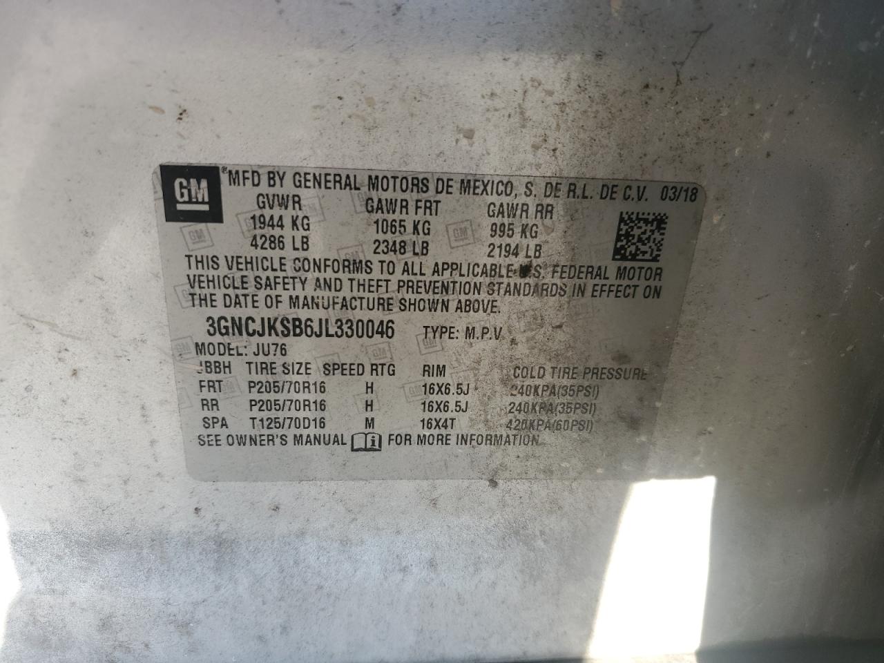 2018 Chevrolet Trax Ls VIN: 3GNCJKSB6JL330046 Lot: 90659025