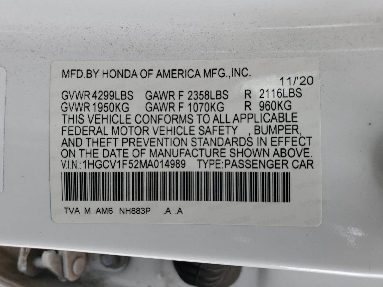 2021 Honda Accord Exl VIN: 1HGCV1F52MA014989 Lot: 85167455