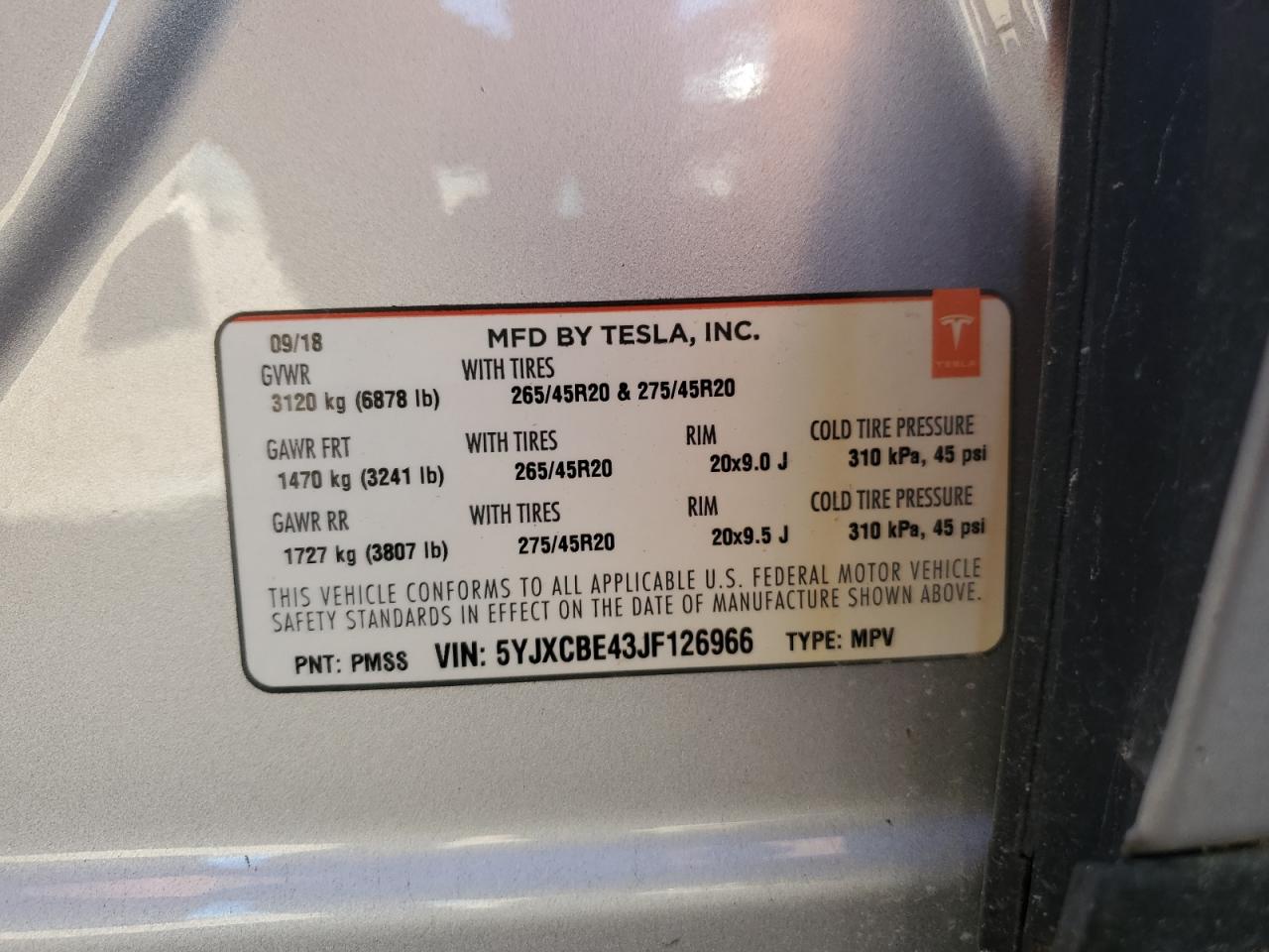 2018 Tesla Model X VIN: 5YJXCBE43JF126966 Lot: 85495395