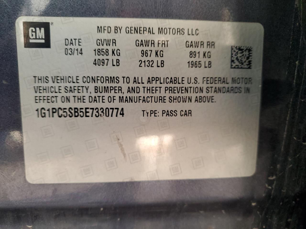 2014 Chevrolet Cruze Lt VIN: 1G1PC5SB5E7330774 Lot: 82347395