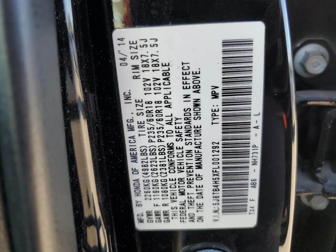 2015 Acura Rdx Technology VIN: 5J8TB4H5XFL001292 Lot: 86233115