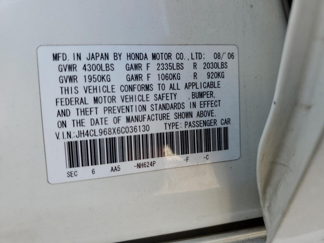 2006 Acura Tsx VIN: JH4CL968X6C036130 Lot: 85149005