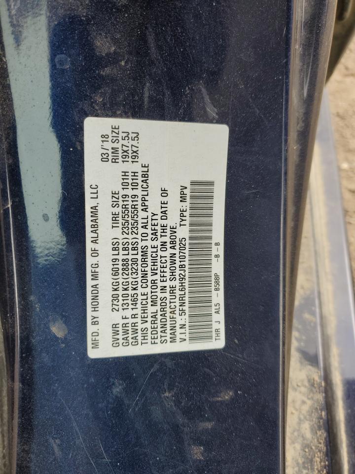 2018 Honda Odyssey Elite VIN: 5FNRL6H92JB107025 Lot: 87371025