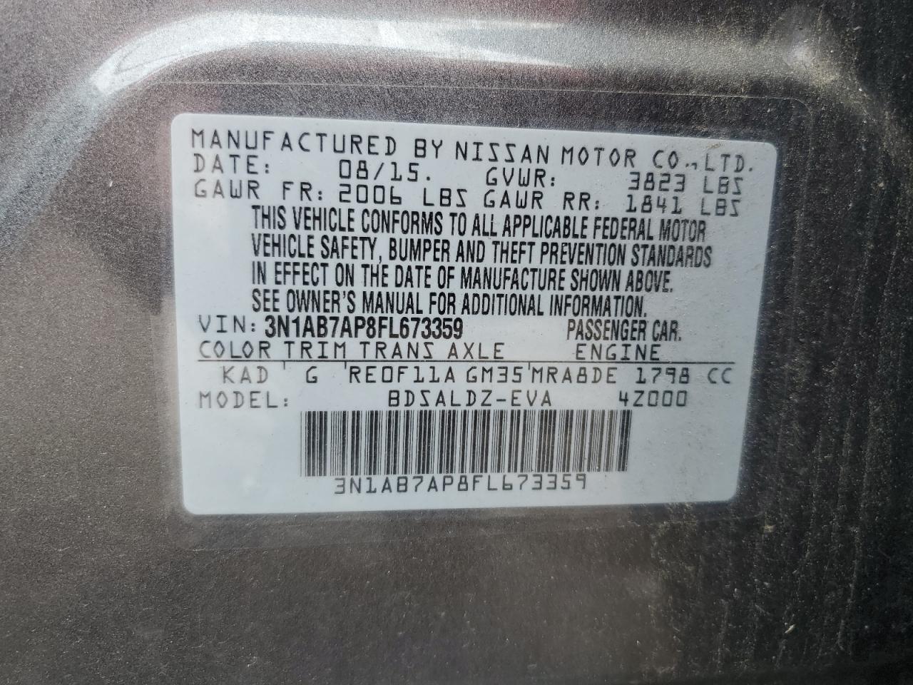 2015 Nissan Sentra S VIN: 3N1AB7AP8FL673359 Lot: 86439015