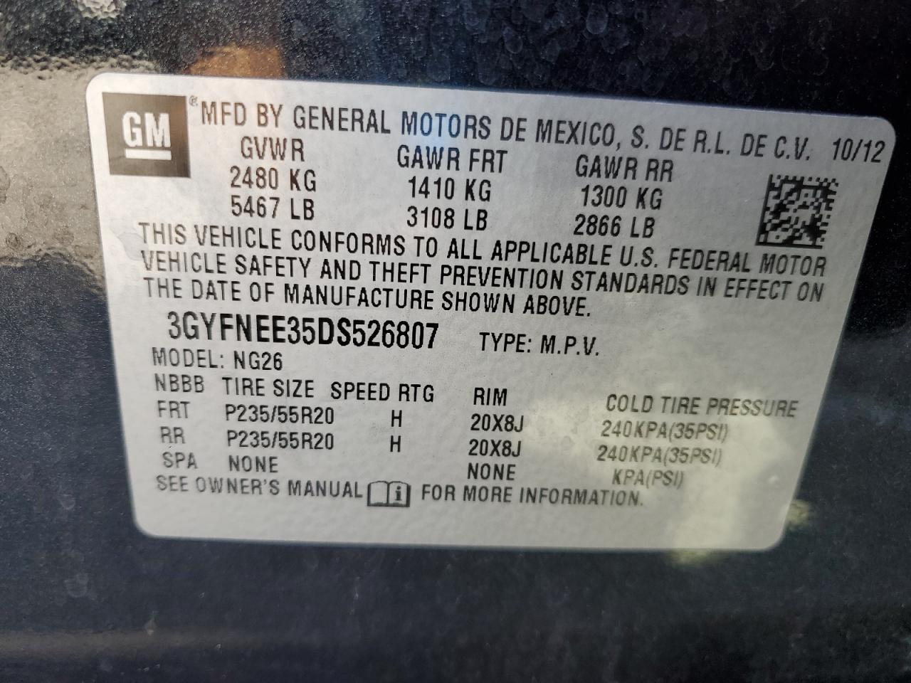 2013 Cadillac Srx Premium Collection VIN: 3GYFNEE35DS526807 Lot: 85378655