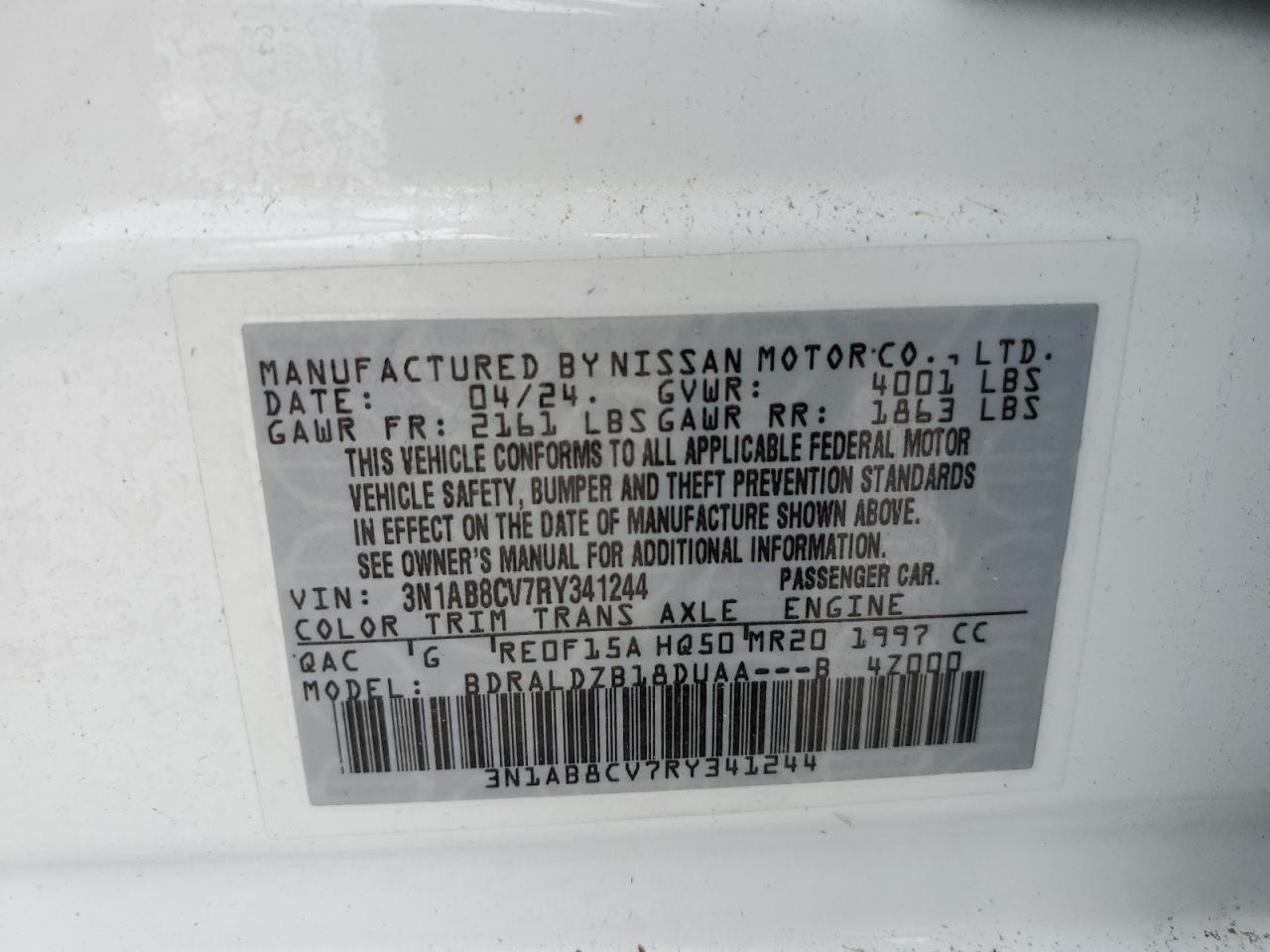 2024 Nissan Sentra Sv VIN: 3N1AB8CV7RY341244 Lot: 84731605