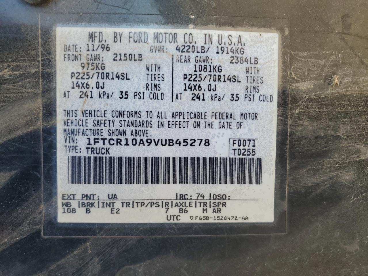 1997 Ford Ranger VIN: 1FTCR10A9VUB45278 Lot: 90296285