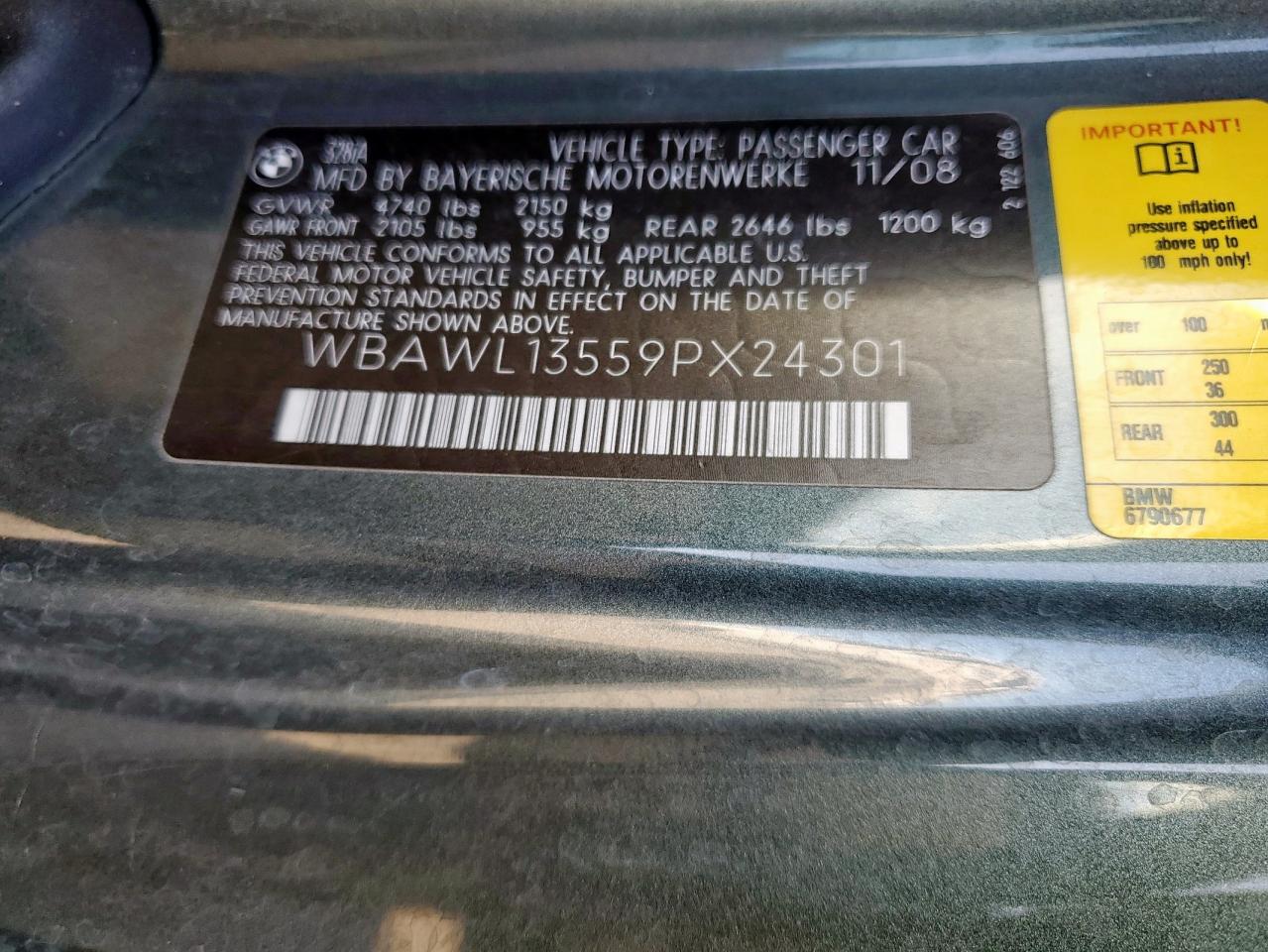 2009 BMW 328 I VIN: WBAWL13559PX24301 Lot: 90112525